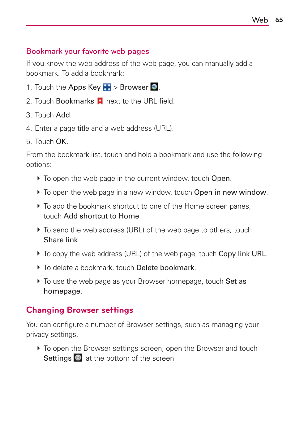 Changing browser settings | LG VS700 User Manual | Page 67 / 448