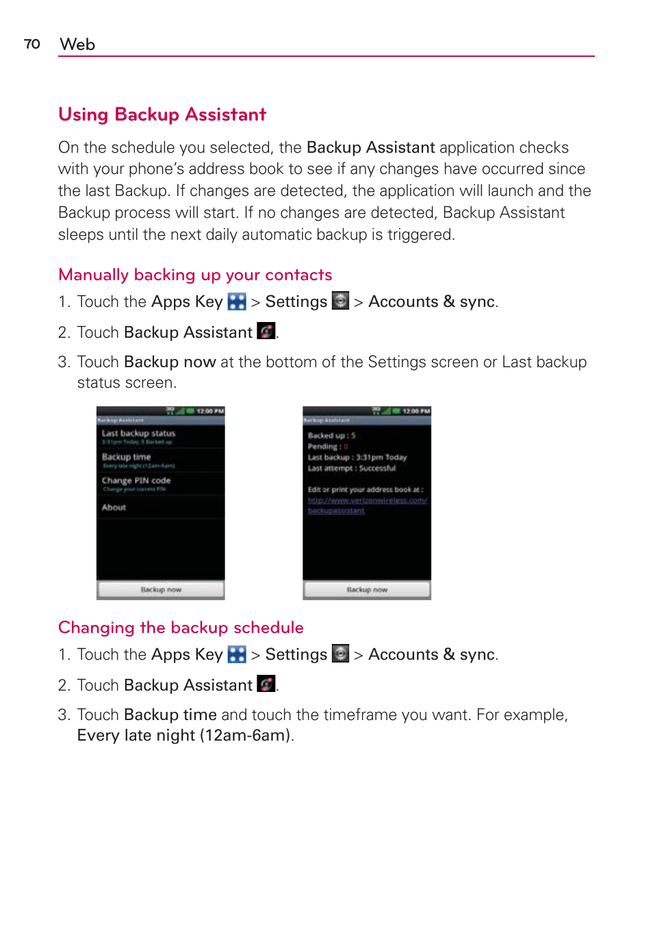 Using backup assistant | LG VS700 User Manual | Page 72 / 448