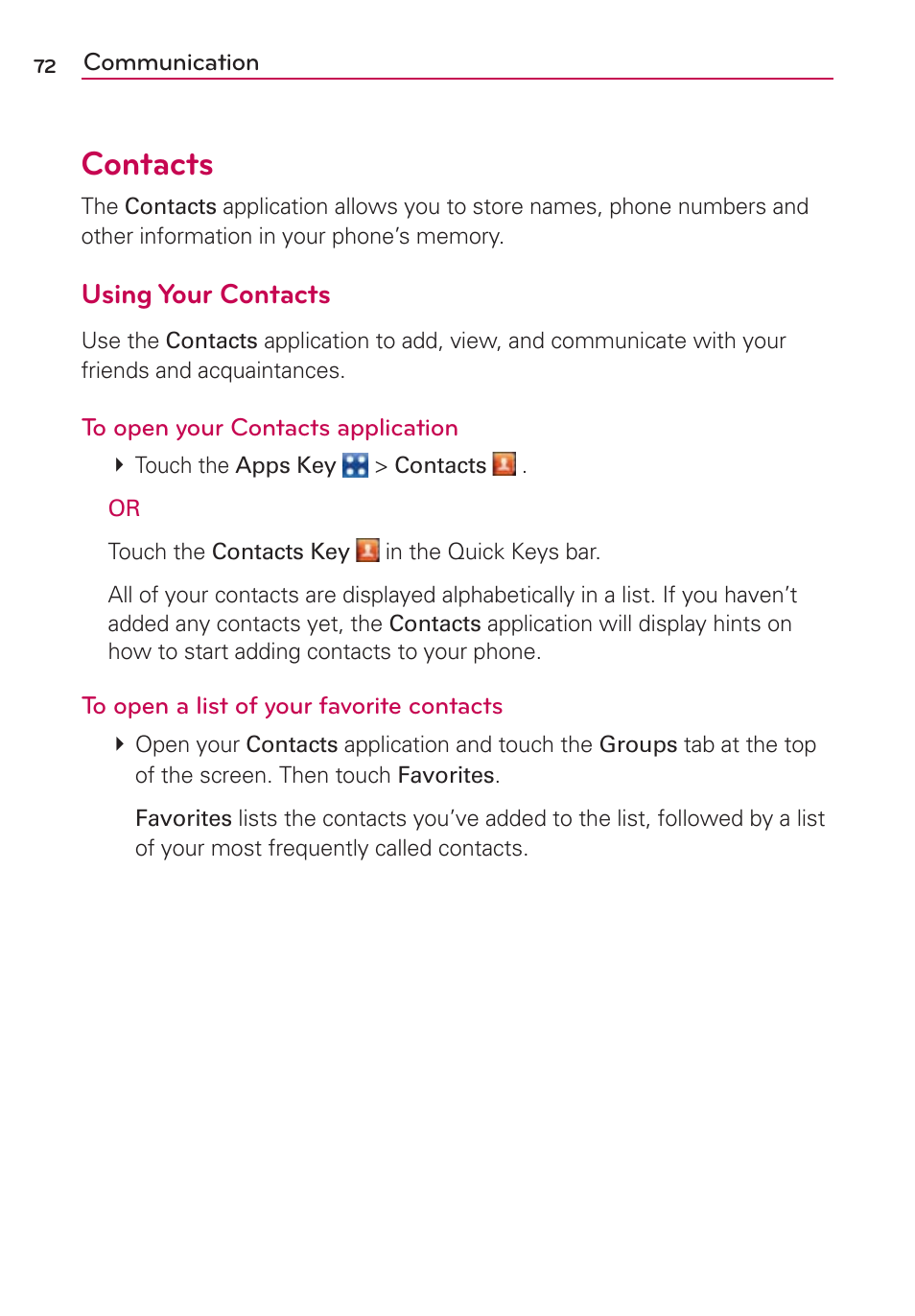 Communication, Contacts, Using your contacts | LG VS700 User Manual | Page 74 / 448