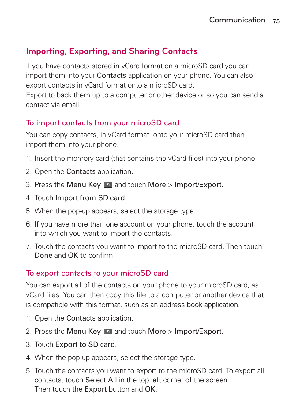 Importing, exporting, and sharing contacts | LG VS700 User Manual | Page 77 / 448