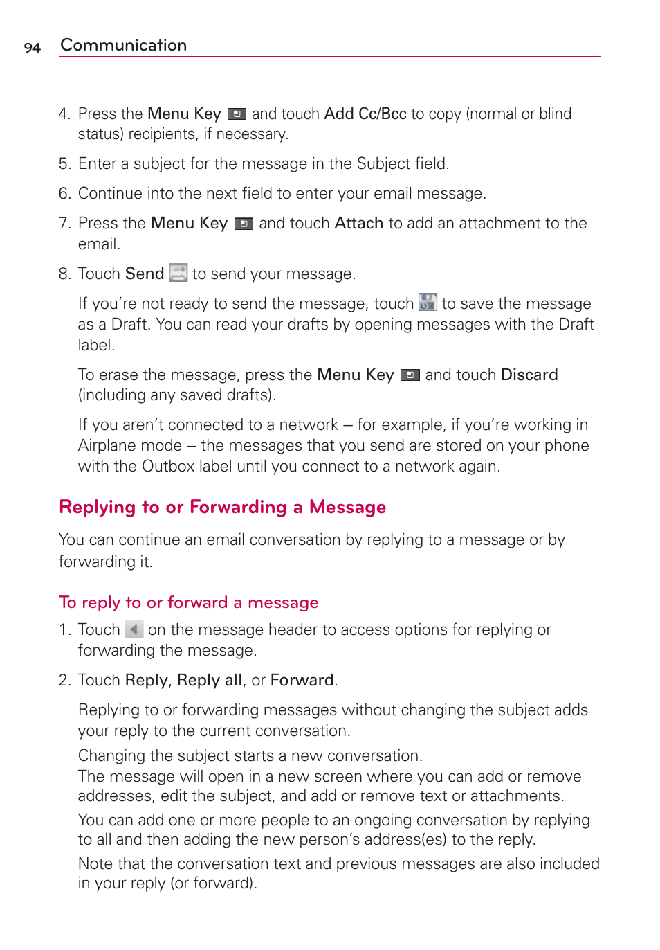 Replying to or forwarding a message | LG VS700 User Manual | Page 96 / 448