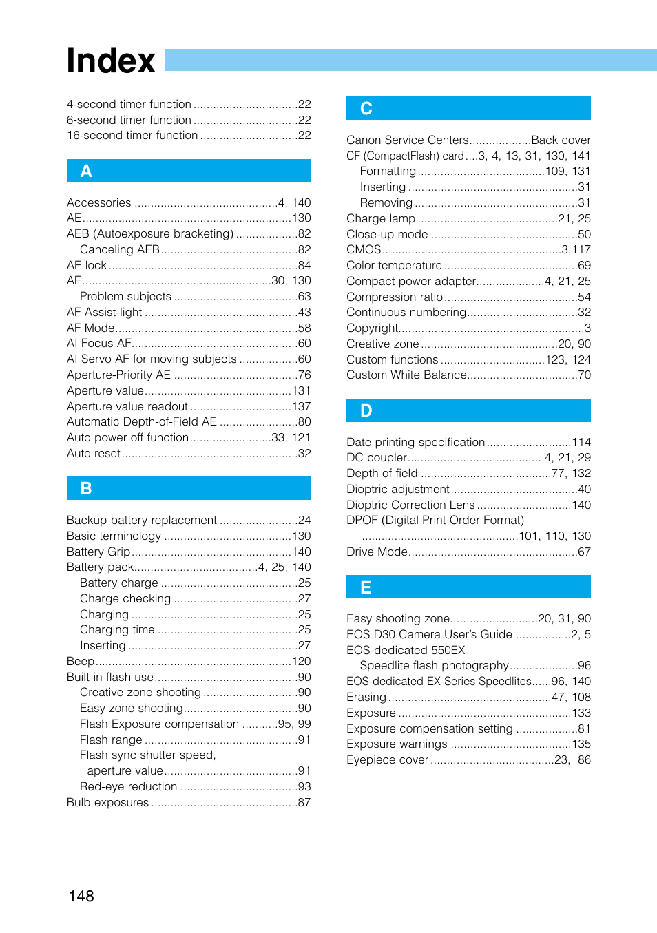 Index | Canon EOS D30 User Manual | Page 148 / 152
