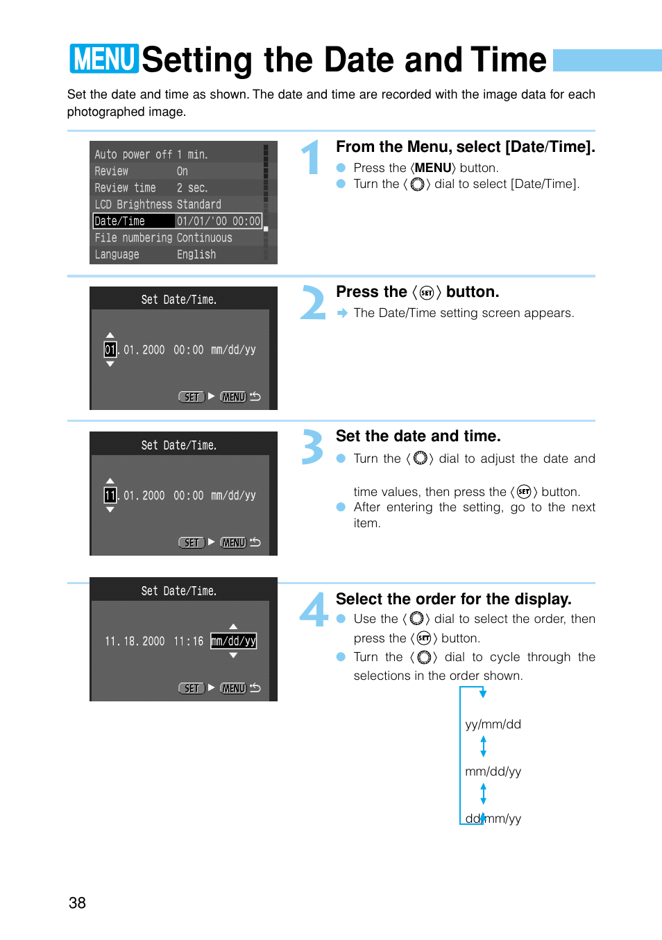 Setting the date and time | Canon EOS D30 User Manual | Page 38 / 152