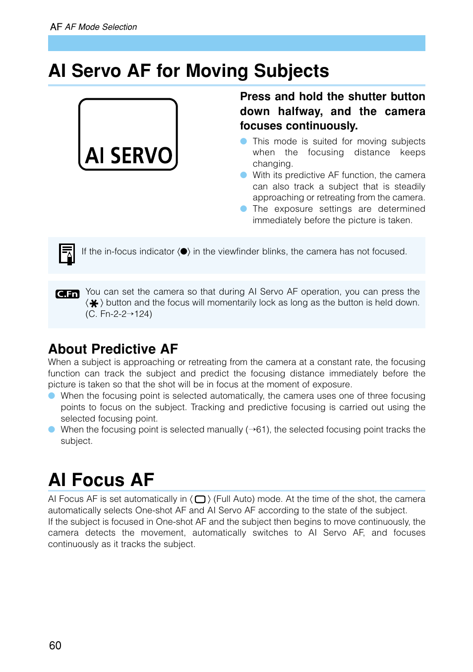 Ai servo af for moving subjects, Ai focus af, About predictive af | Canon EOS D30 User Manual | Page 60 / 152