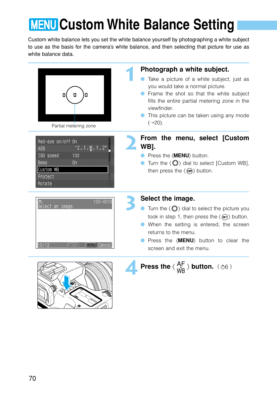 Custom white balance setting | Canon EOS D30 User Manual | Page 70 / 152