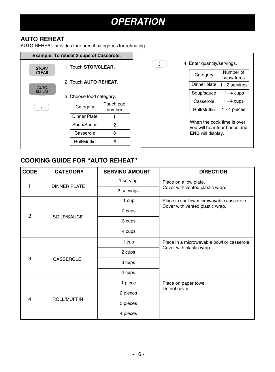 Operation, Auto reheat, Cooking guide for “auto reheat | LG MV1501B User Manual | Page 16 / 30
