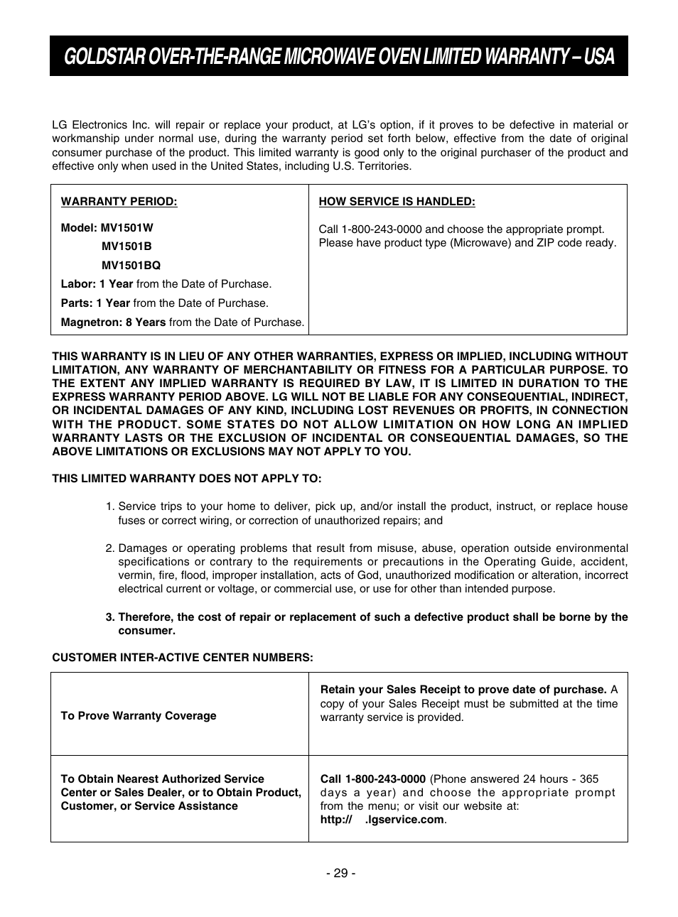 LG MV1501B User Manual | Page 29 / 30