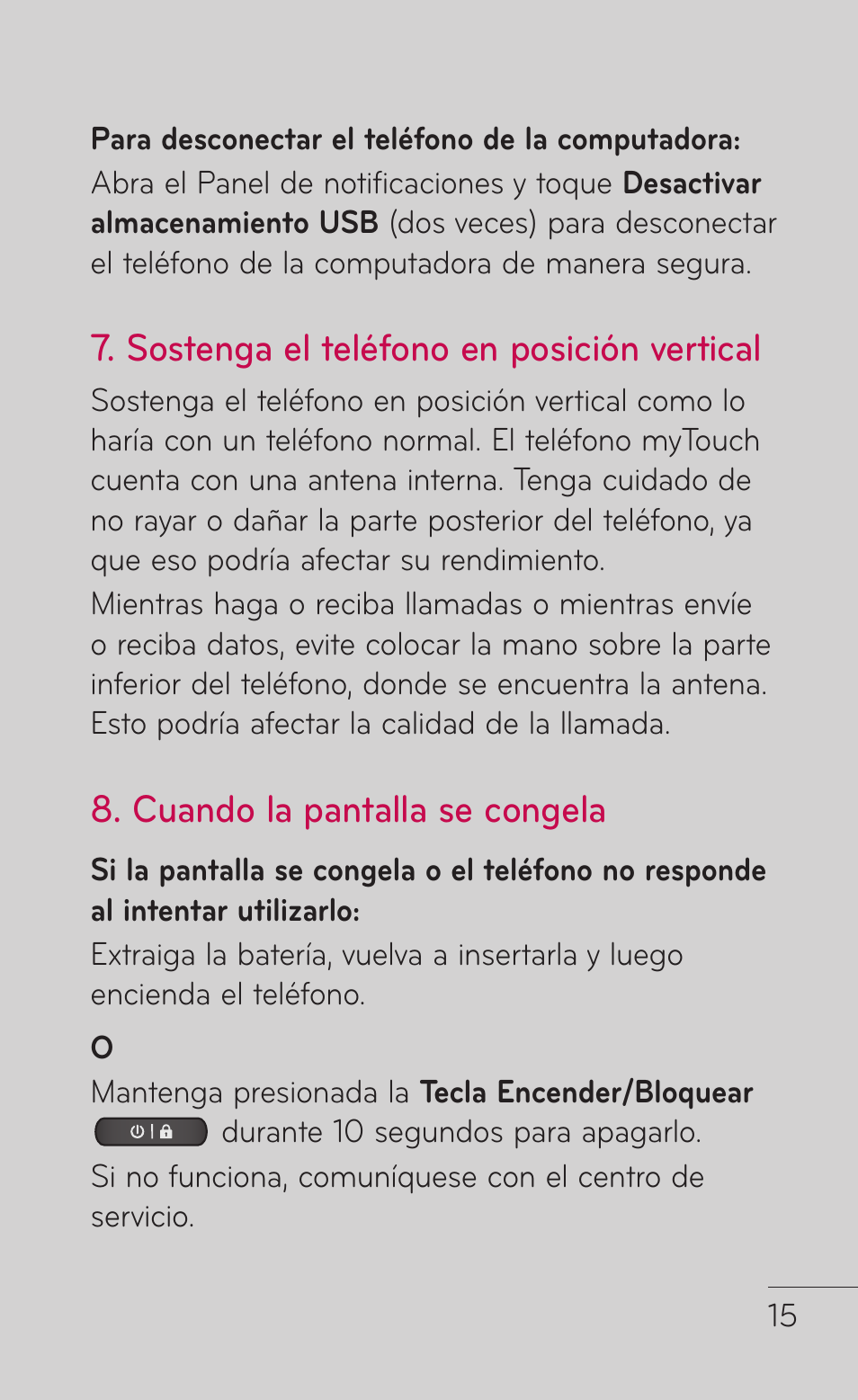 Sostenga el teléfono en posición vertical, Cuando la pantalla se congela | LG LGE739BK User Manual | Page 163 / 312