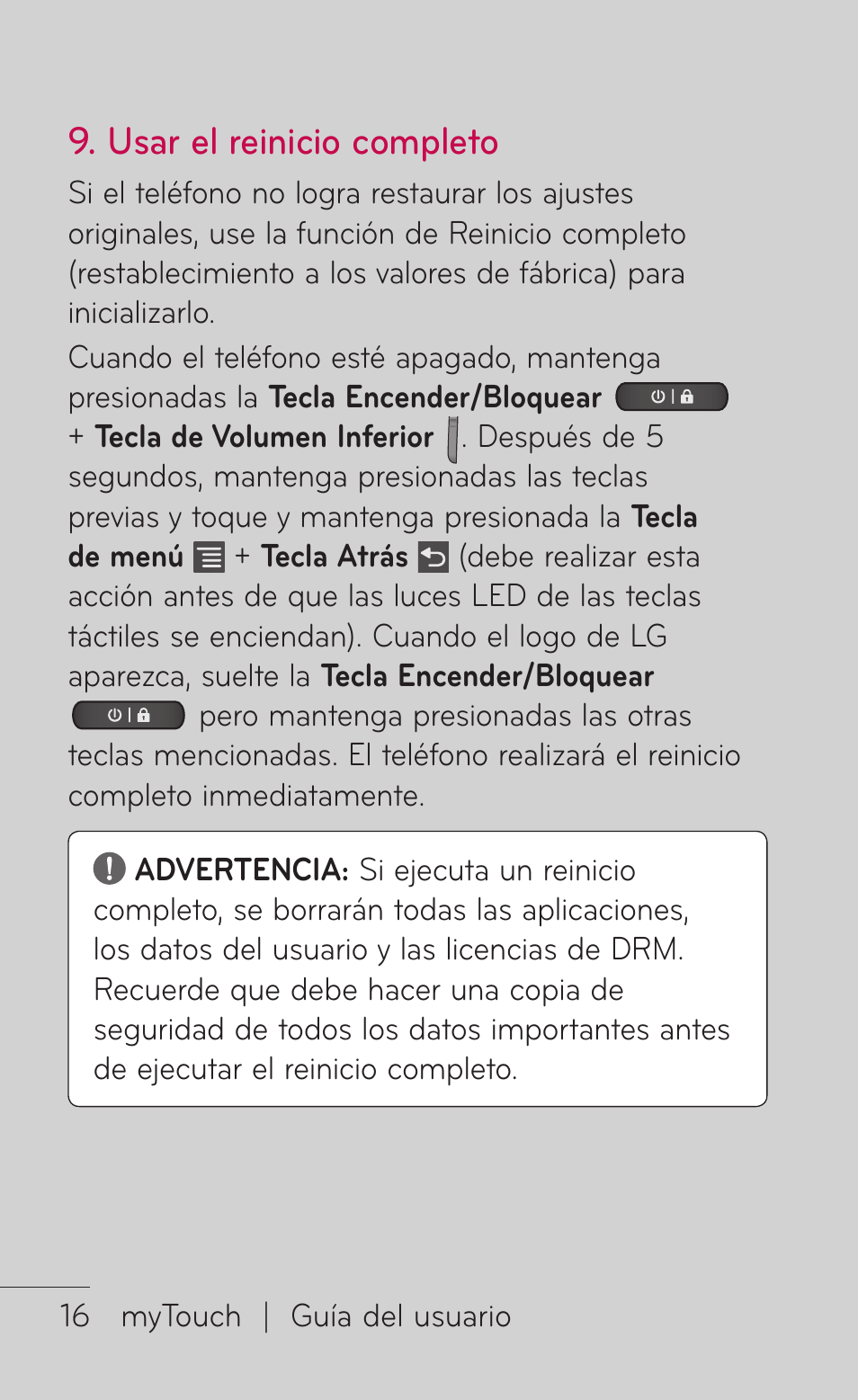 Usar el reinicio completo | LG LGE739BK User Manual | Page 164 / 312