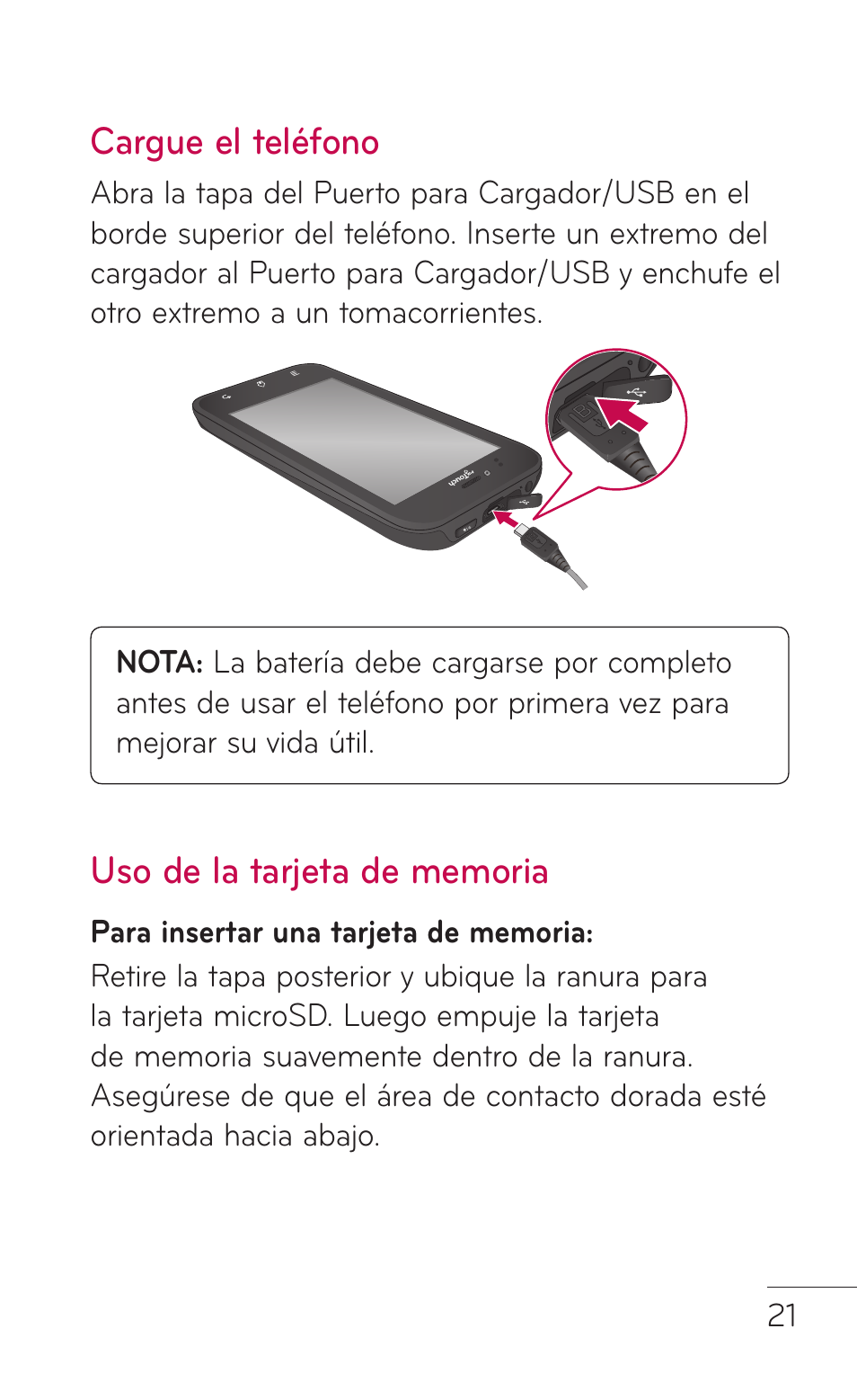 Cargue el teléfono, Uso de la tarjeta de memoria, Cargue el teléfono uso de la tarjeta de | Memoria | LG LGE739BK User Manual | Page 169 / 312
