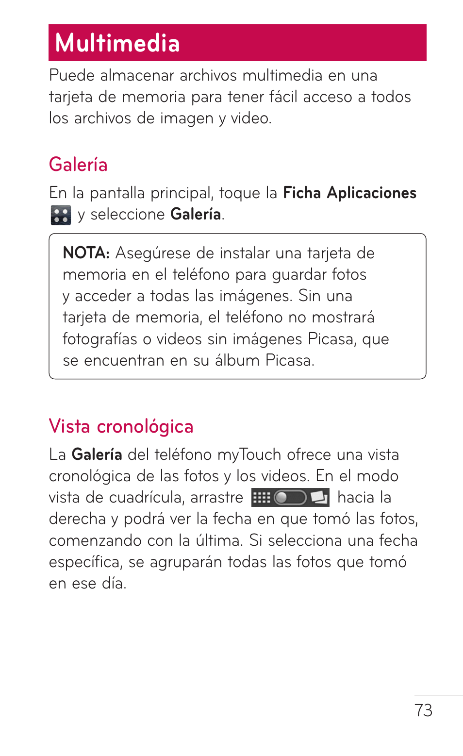 Multimedia, Galería, Vista cronológica | Galería vista cronológica | LG LGE739BK User Manual | Page 221 / 312