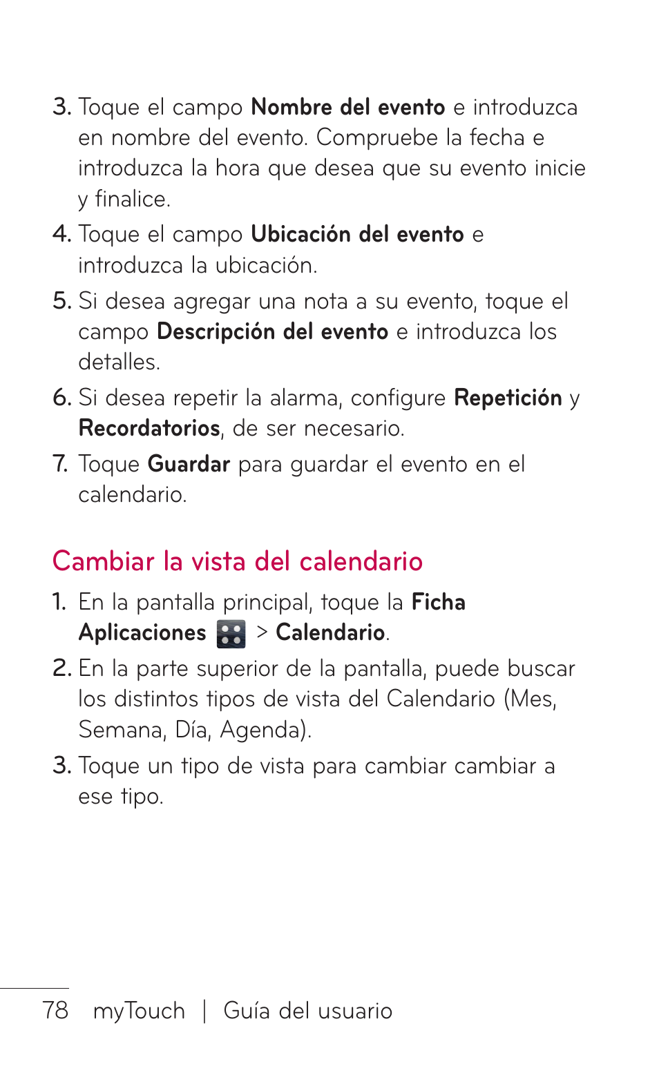Cambiar la vista del calendario, Cambiar la vista del, Calendario | LG LGE739BK User Manual | Page 226 / 312