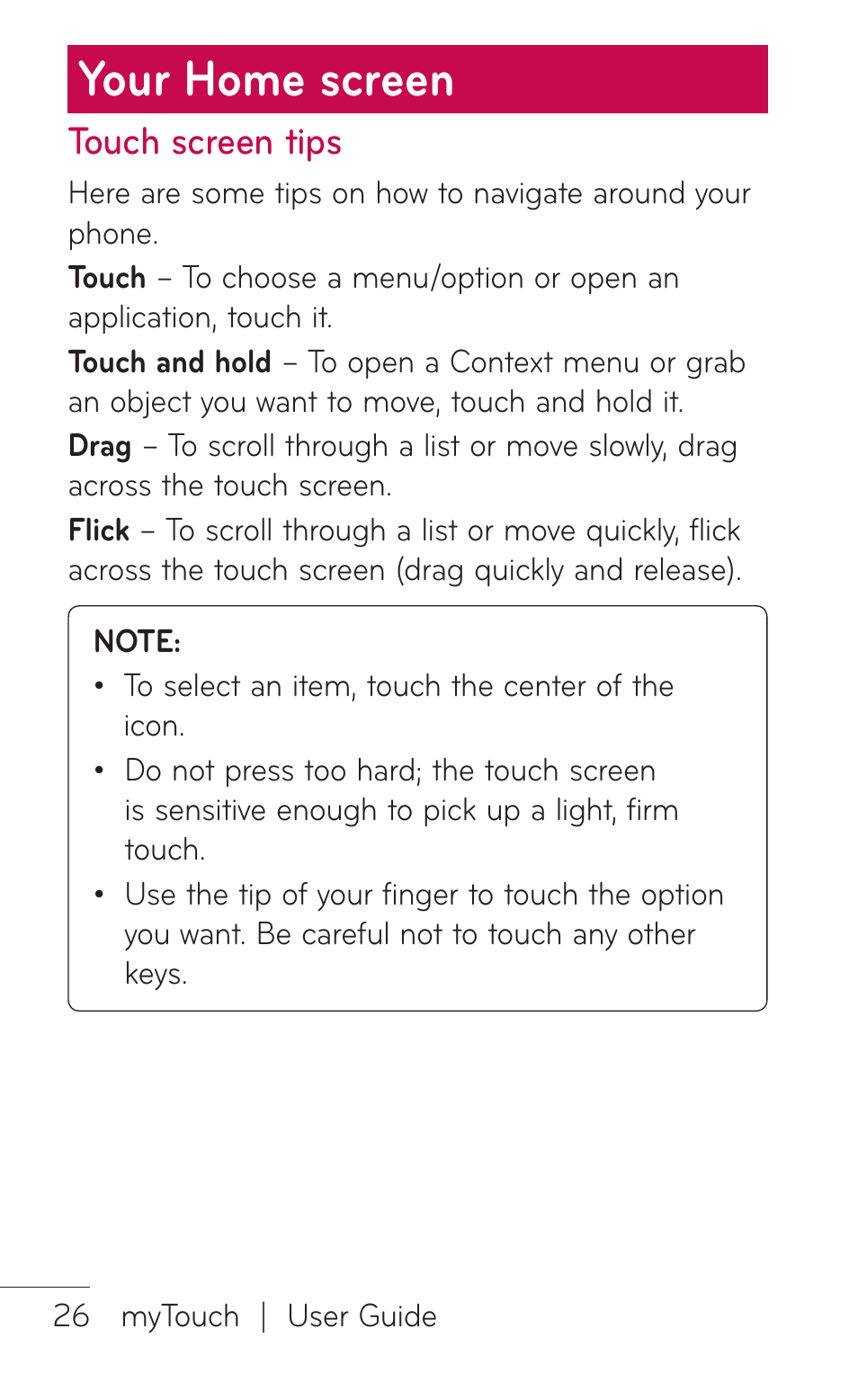 Your home screen, Touch screen tips | LG LGE739BK User Manual | Page 26 / 312