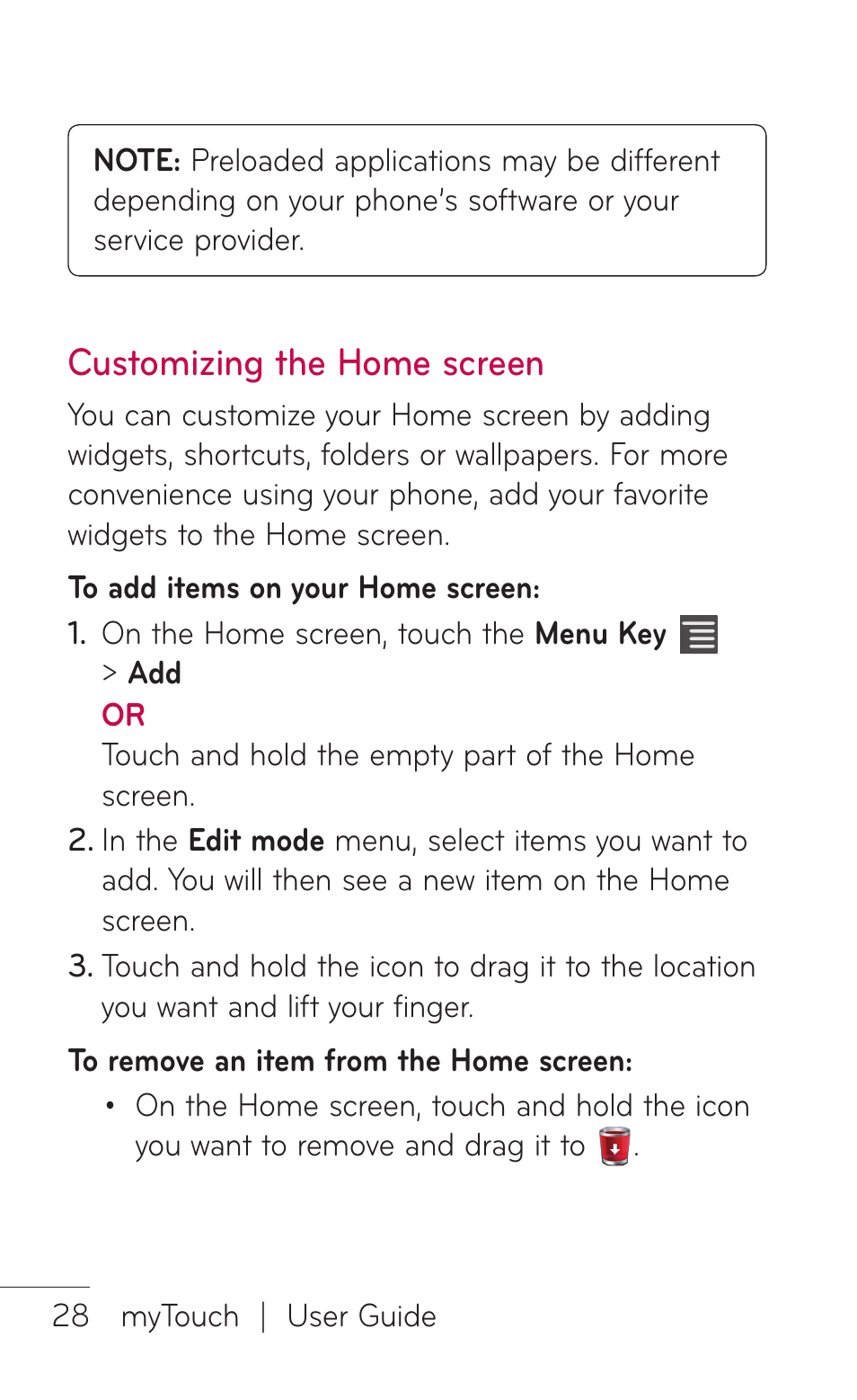 Customizing the home screen, Customizing the home, Screen | LG LGE739BK User Manual | Page 28 / 312