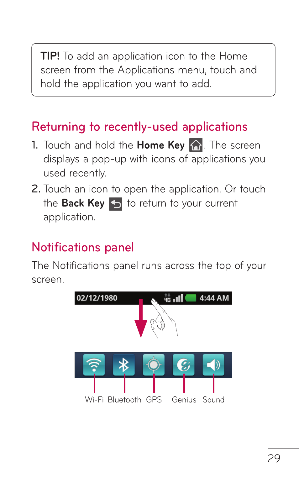 Returning to recently-used applications, Notifications panel, Returning to recently-used | Applications notifications panel | LG LGE739BK User Manual | Page 29 / 312