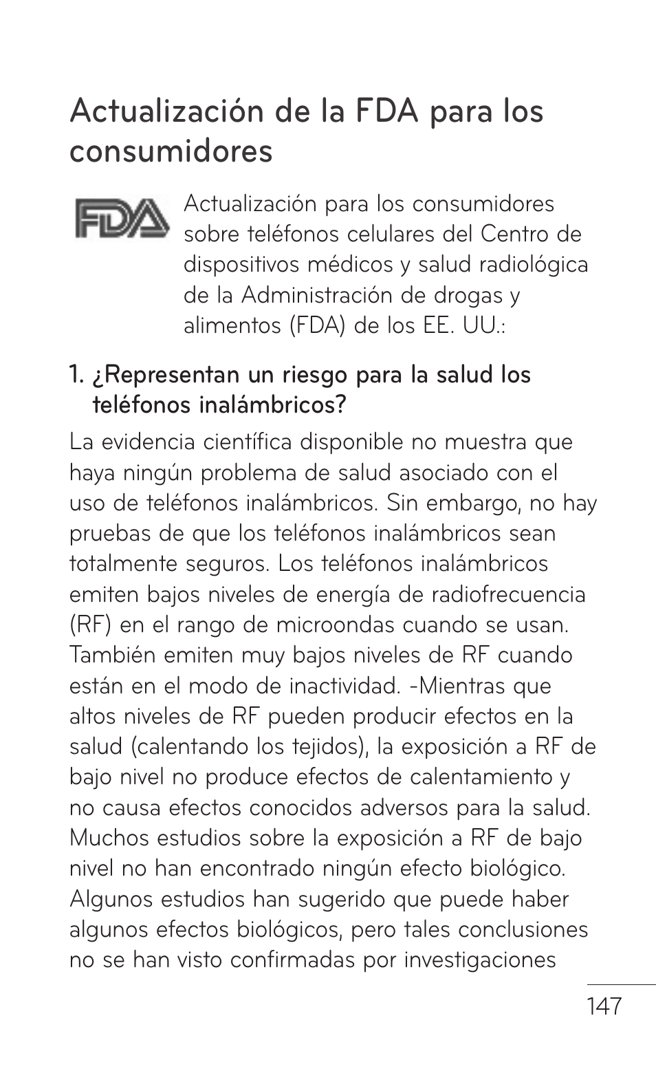 Fda consumer update, Actualización de la fda para los consumidores | LG LGE739BK User Manual | Page 295 / 312