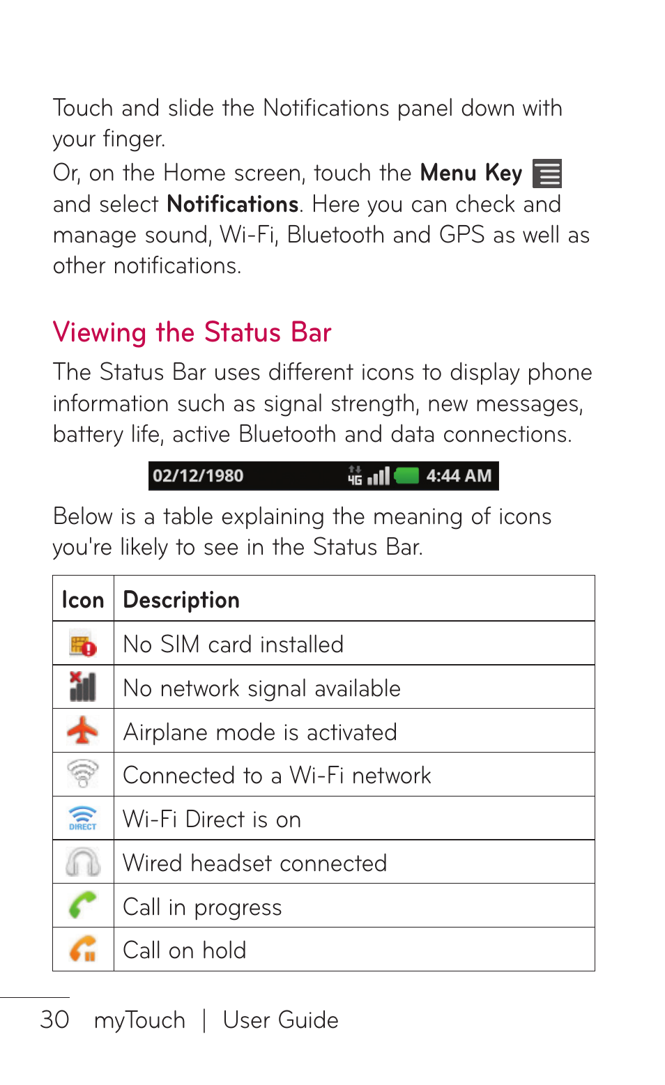 Viewing the status bar | LG LGE739BK User Manual | Page 30 / 312