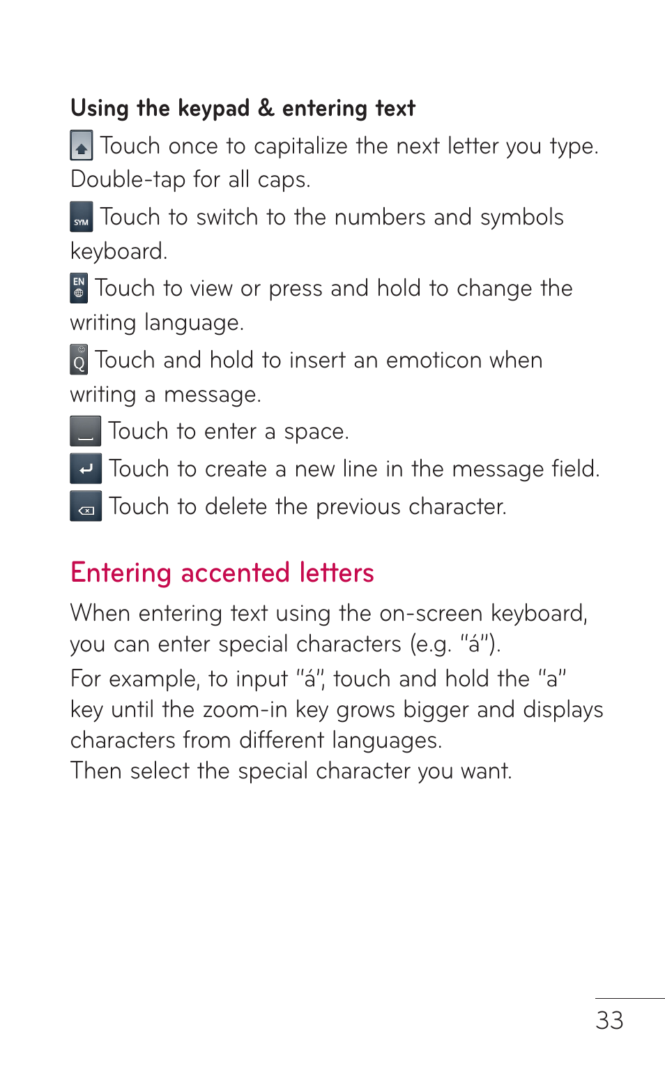 Entering accented letters, Entering accented, Letters | LG LGE739BK User Manual | Page 33 / 312