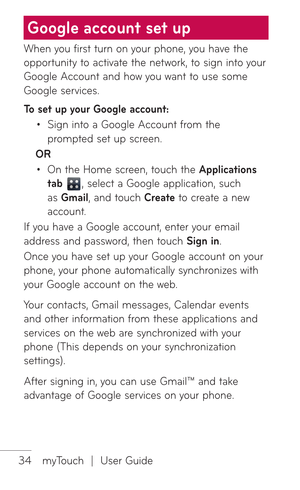 Google account set up | LG LGE739BK User Manual | Page 34 / 312