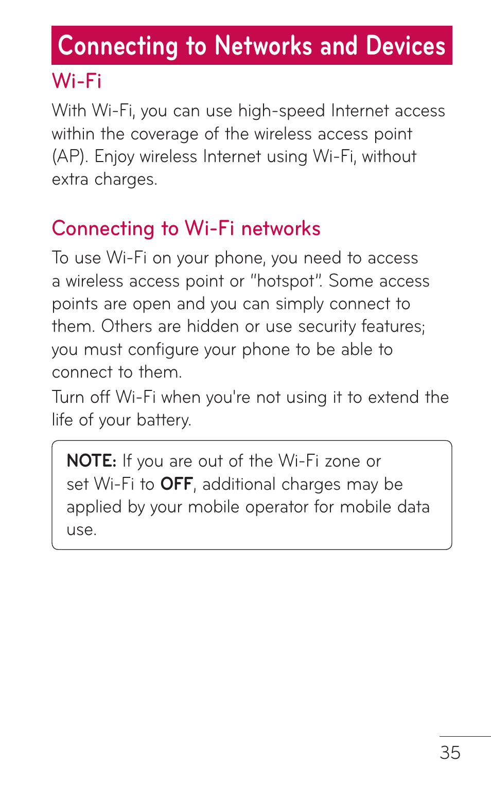 Connecting to networks and devices, Wi-fi, Connecting to wi-fi networks | Connecting to networks, And devices, Connecting to wi-fi, Networks | LG LGE739BK User Manual | Page 35 / 312