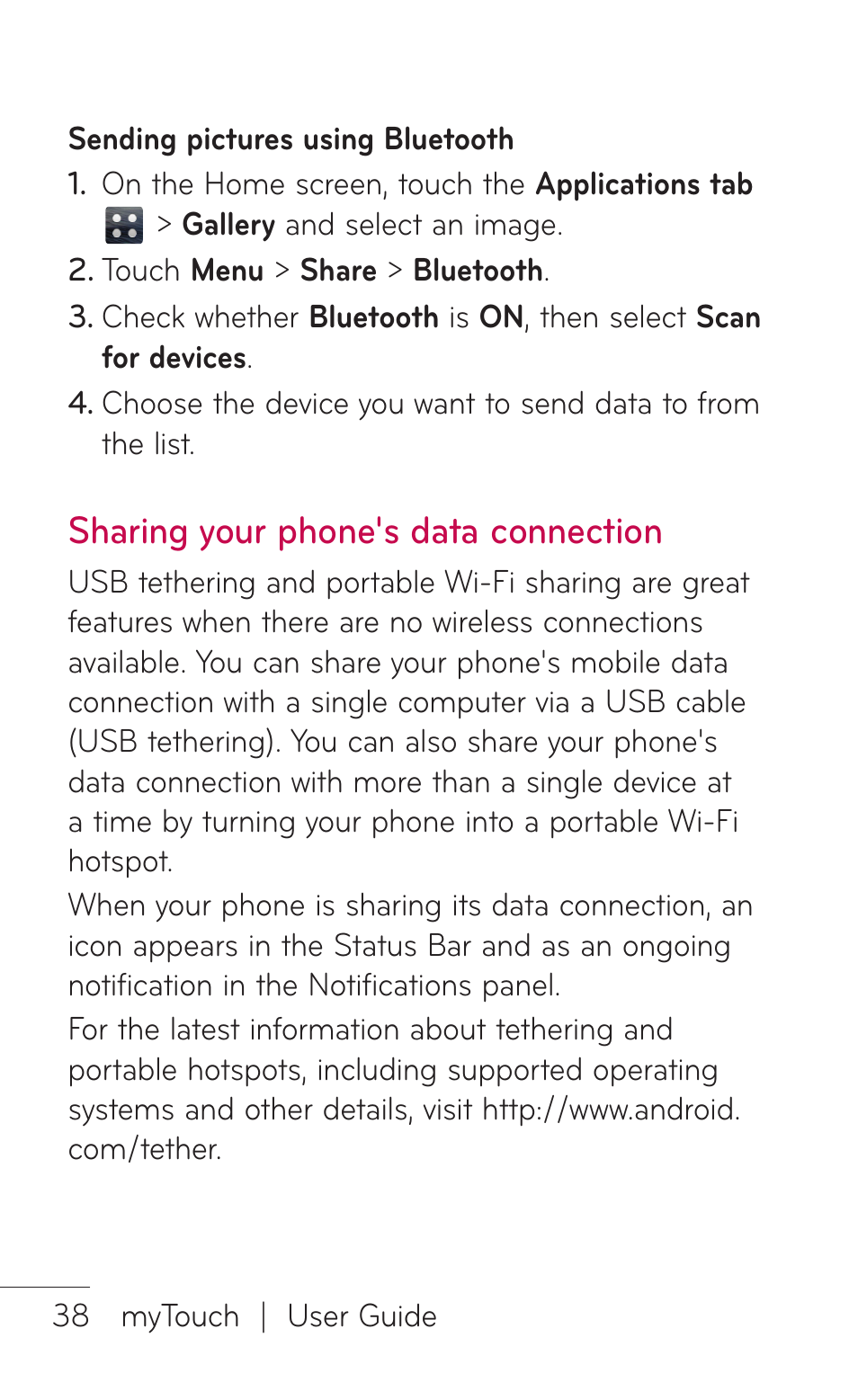 Sharing your phone's data connection, Sharing your phone's, Data connection | LG LGE739BK User Manual | Page 38 / 312
