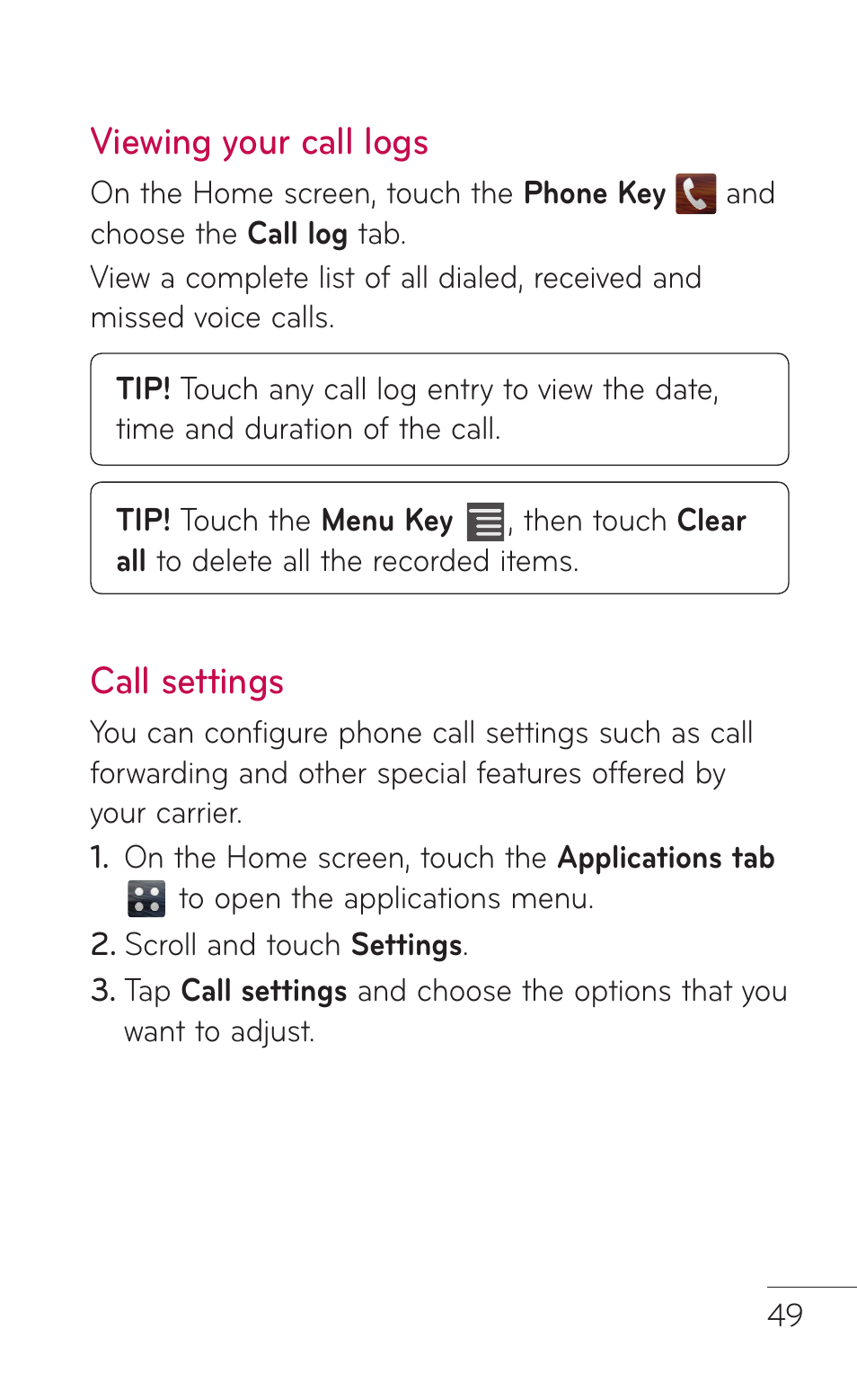 Viewing your call logs, Call settings, Viewing your call logs call settings | LG LGE739BK User Manual | Page 49 / 312