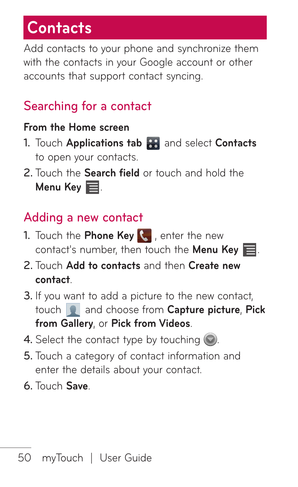 Contacts, Searching for a contact, Adding a new contact | Searching for a contact adding a new contact | LG LGE739BK User Manual | Page 50 / 312