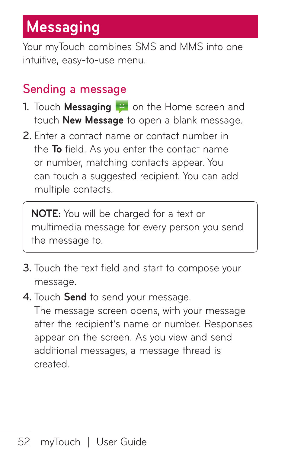 Messaging, Sending a message | LG LGE739BK User Manual | Page 52 / 312
