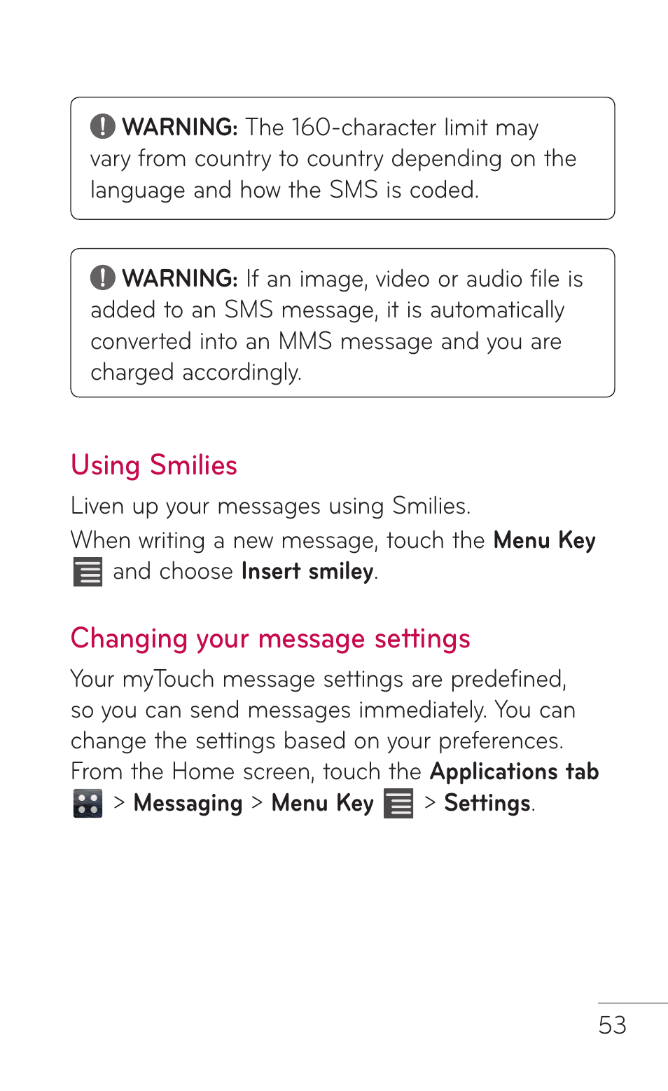 Using smilies, Changing your message settings, Using smilies changing your message | Settings | LG LGE739BK User Manual | Page 53 / 312