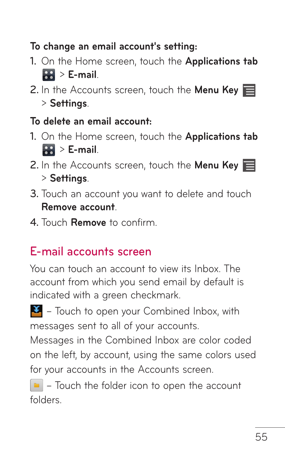 E-mail accounts screen | LG LGE739BK User Manual | Page 55 / 312