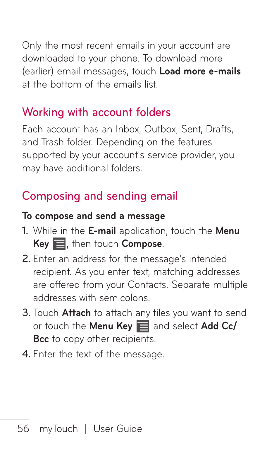Working with account folders, Composing and sending email, Working with account | Folders composing and sending, Email | LG LGE739BK User Manual | Page 56 / 312