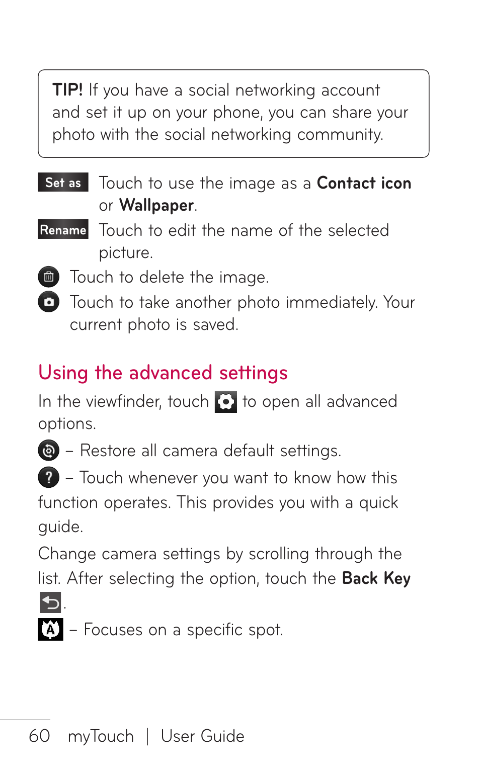 Using the advanced settings, Using the advanced, Settings | LG LGE739BK User Manual | Page 60 / 312