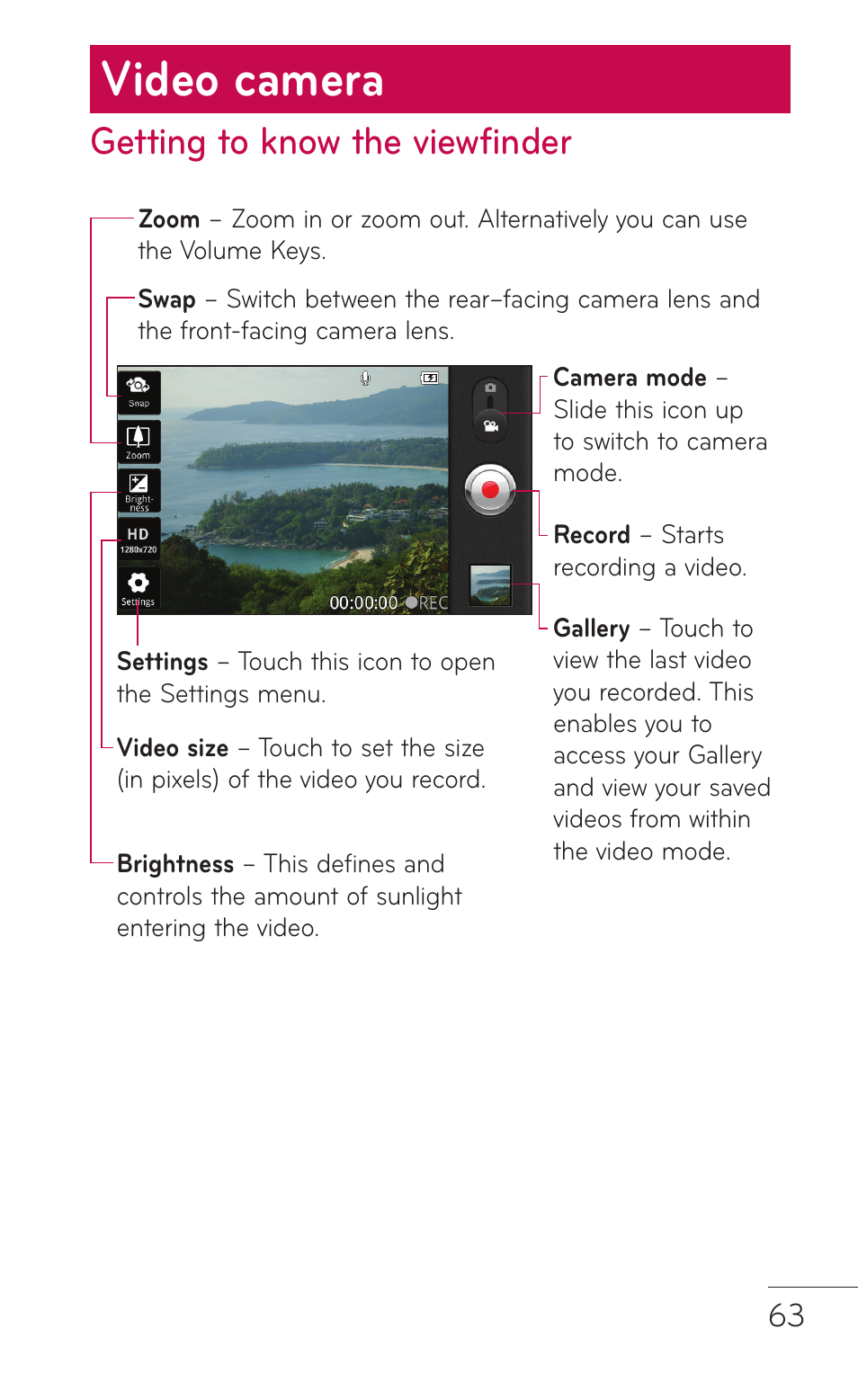Video camera, Getting to know the viewfinder, Getting to know the | Viewfinder | LG LGE739BK User Manual | Page 63 / 312