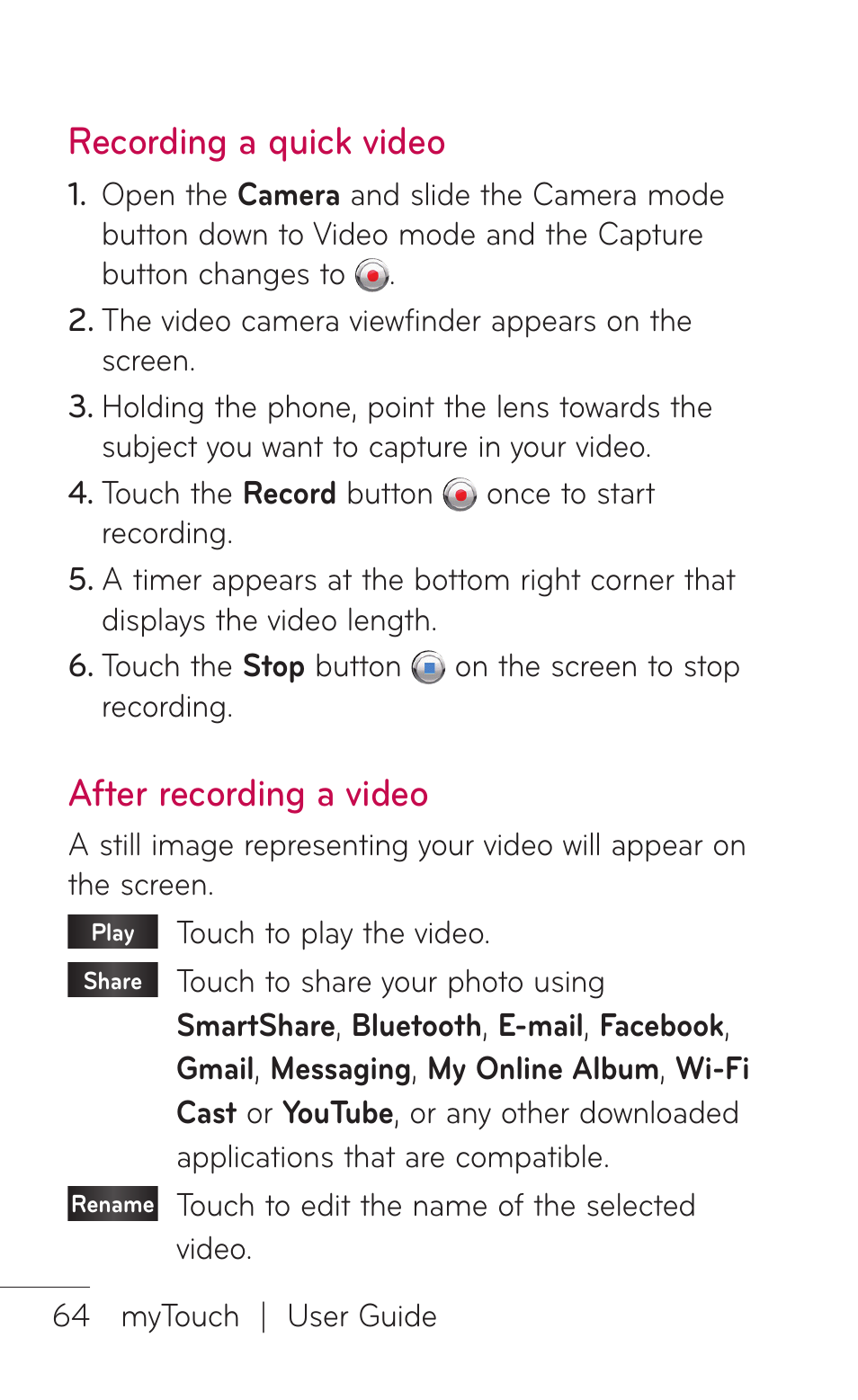 Recording a quick video, After recording a video, Recording a quick video after recording a video | LG LGE739BK User Manual | Page 64 / 312