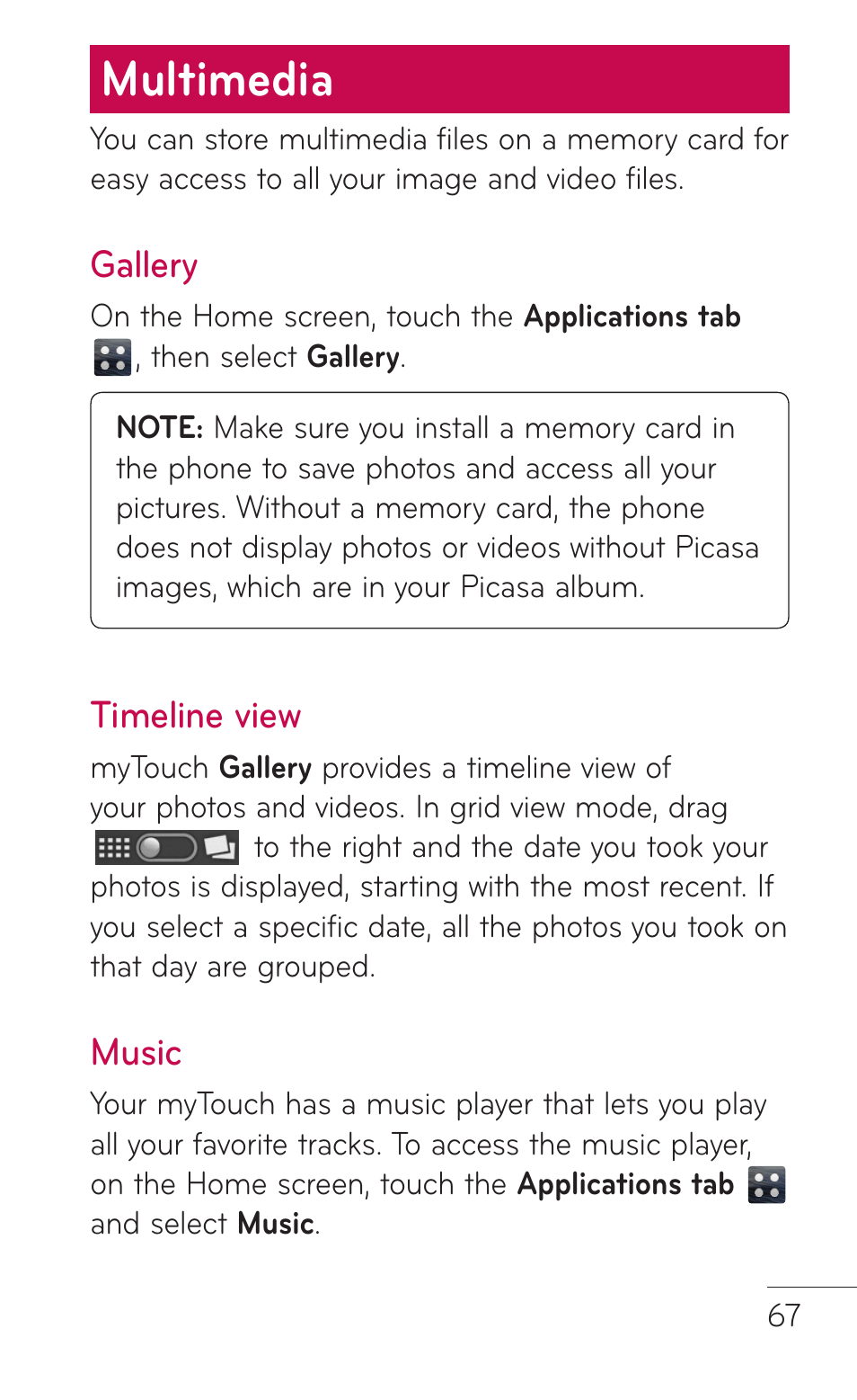 Multimedia, Gallery, Timeline view | Music, Gallery timeline view music | LG LGE739BK User Manual | Page 67 / 312