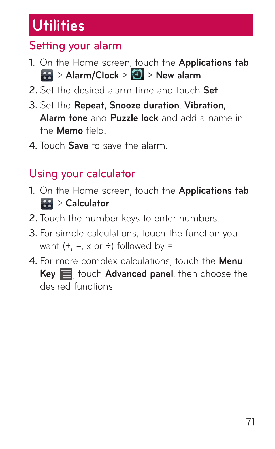 Utilities, Setting your alarm, Using your calculator | Setting your alarm using your calculator | LG LGE739BK User Manual | Page 71 / 312