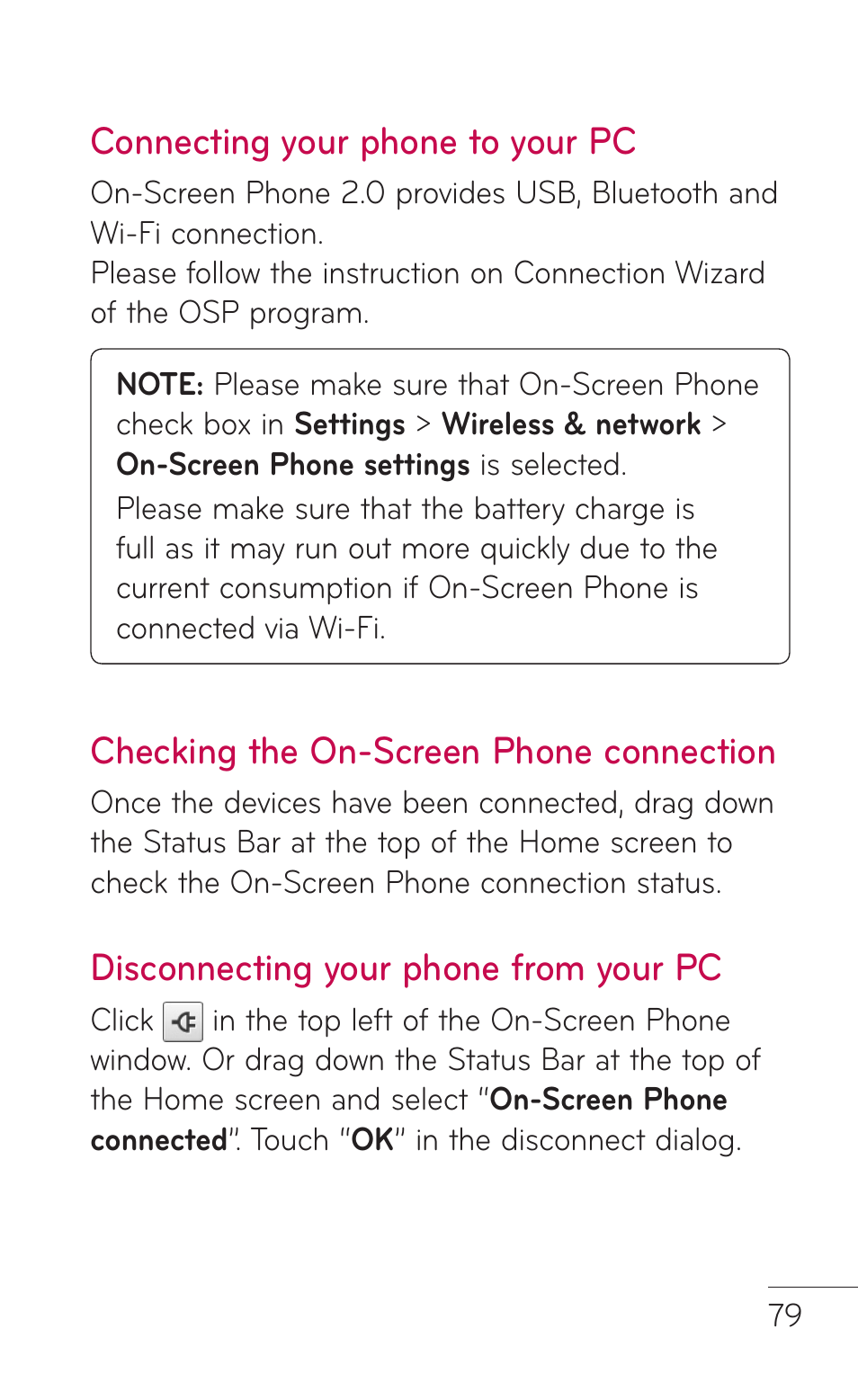 Connecting your phone to your pc, Checking the on-screen phone connection, Disconnecting your phone from your pc | Connecting your phone, To your pc checking the on-screen, Phone connection disconnecting your, Phone from your pc | LG LGE739BK User Manual | Page 79 / 312