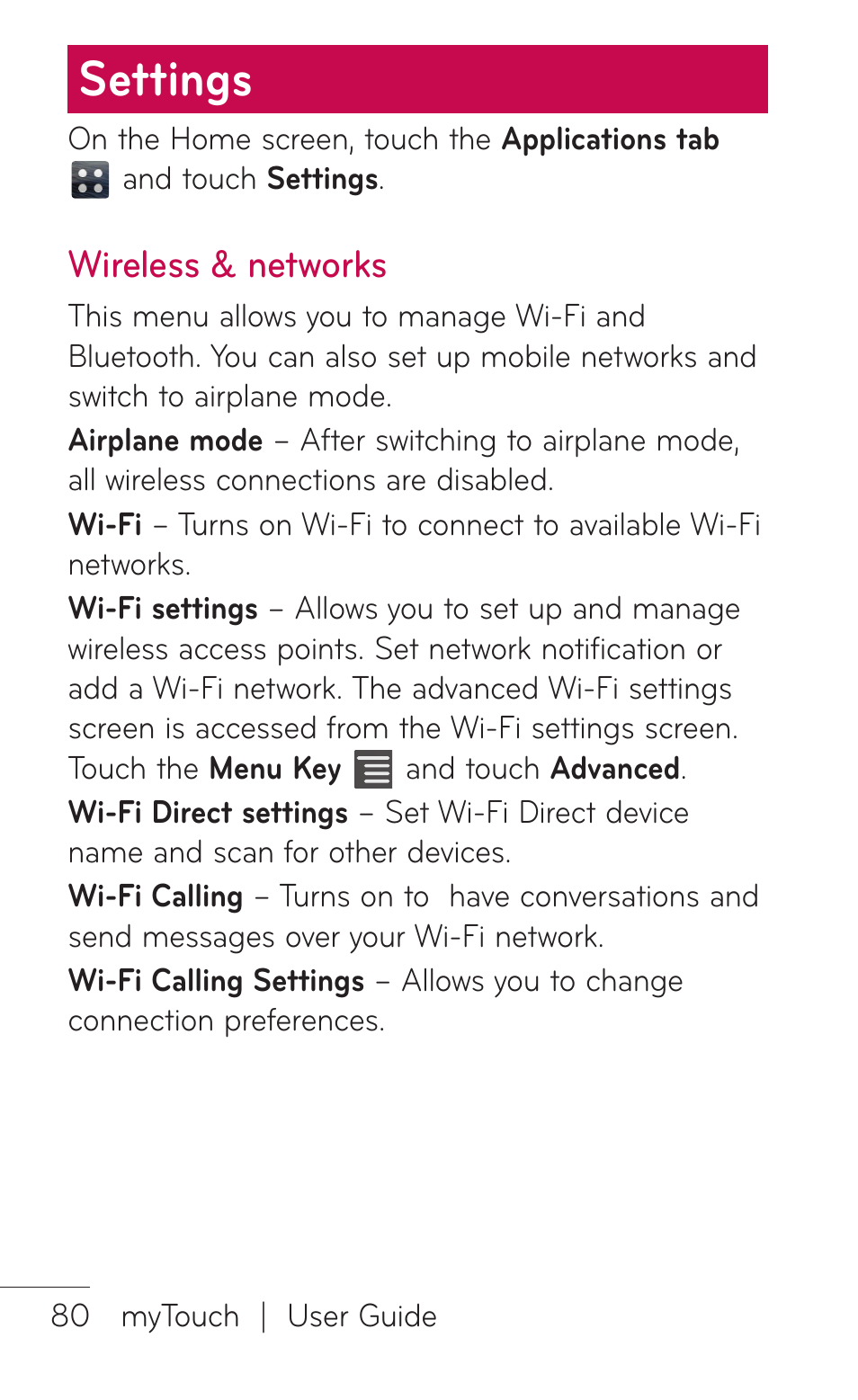 Settings, Wireless & networks | LG LGE739BK User Manual | Page 80 / 312