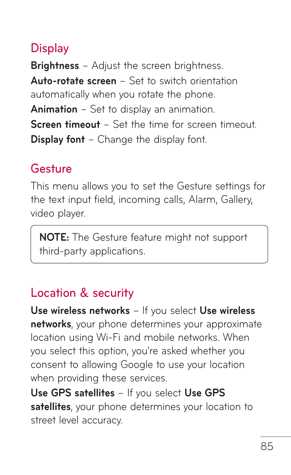 Display, Gesture, Location & security | Gesture location & security | LG LGE739BK User Manual | Page 85 / 312