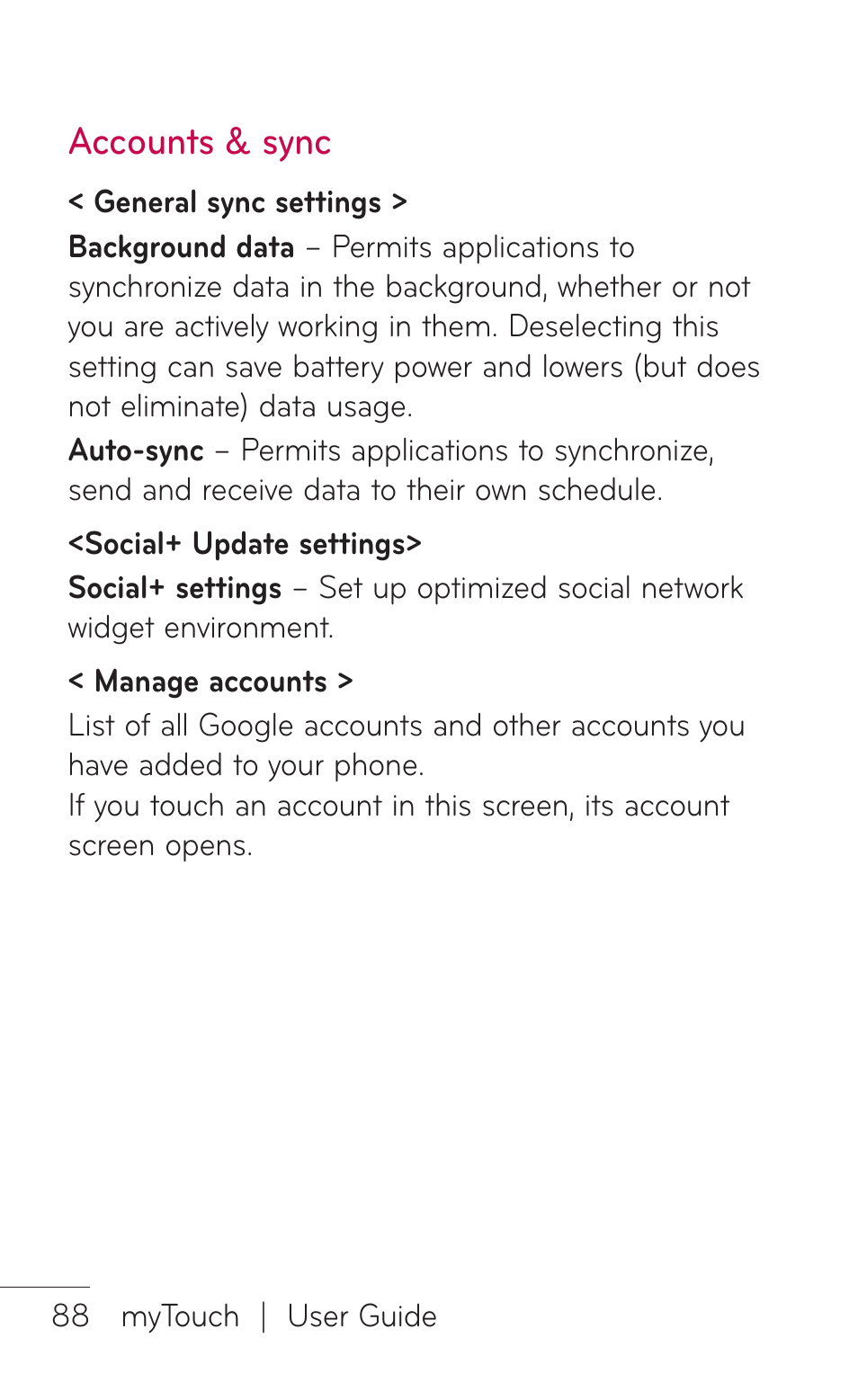 Accounts & sync | LG LGE739BK User Manual | Page 88 / 312