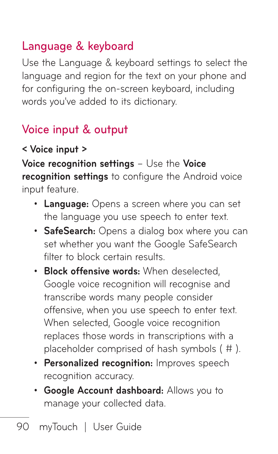 Language & keyboard, Voice input & output, Language & keyboard voice input & output | LG LGE739BK User Manual | Page 90 / 312