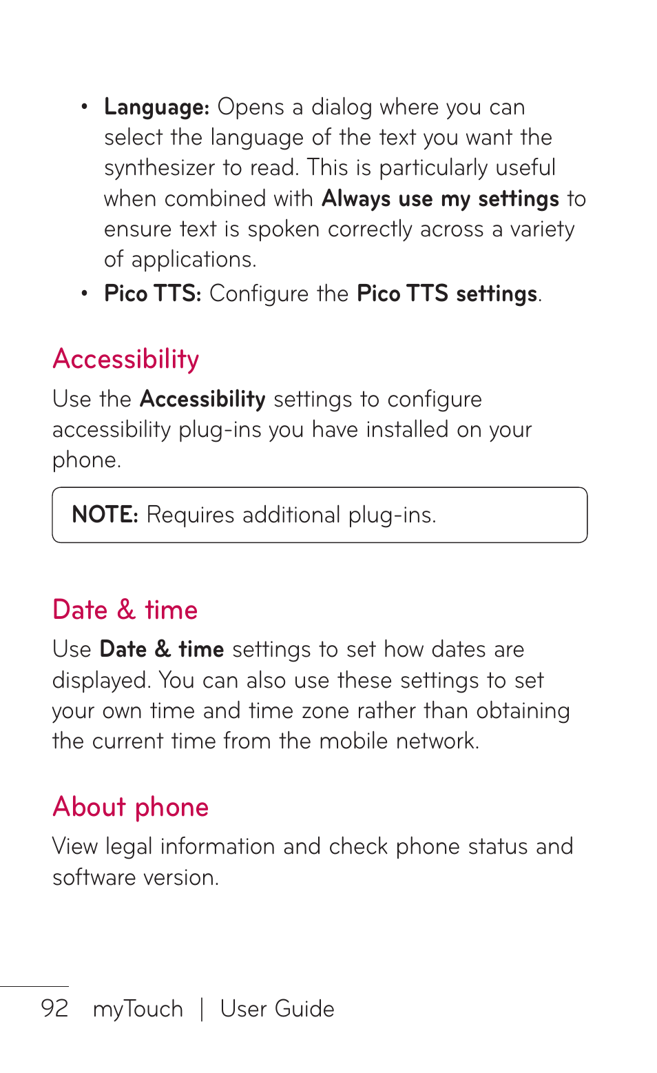 Accessibility, Date & time, About phone | Accessibility date & time about phone | LG LGE739BK User Manual | Page 92 / 312