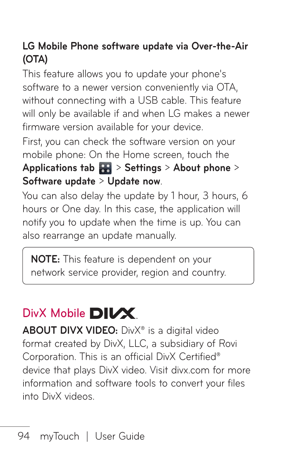 Divx mobile | LG LGE739BK User Manual | Page 94 / 312
