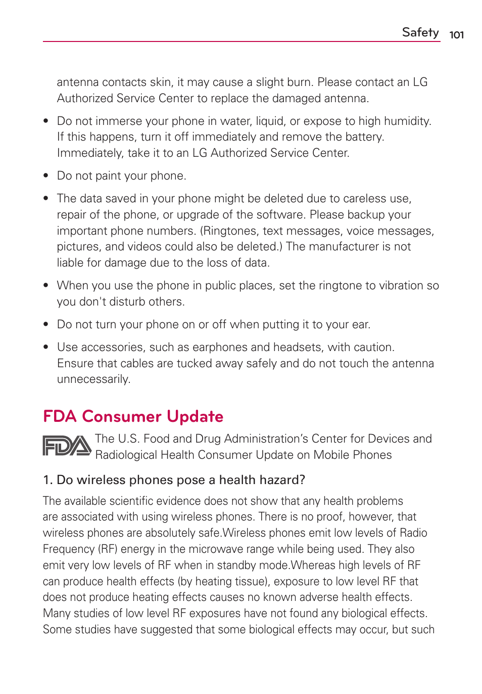 Fda consumer update | LG US780 User Manual | Page 101 / 117