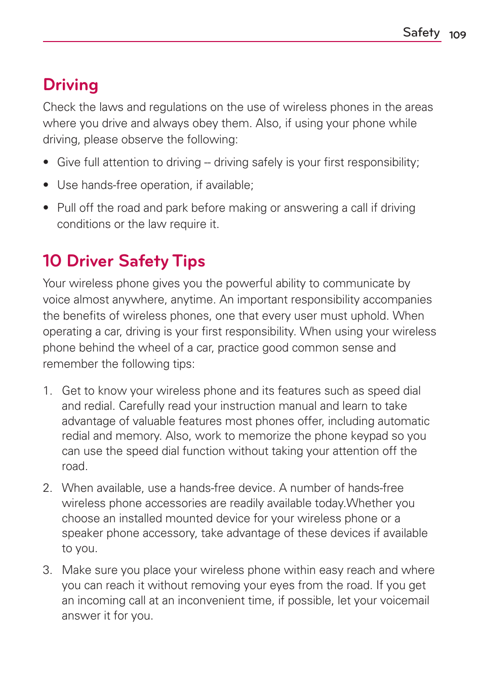 Driving, 10 driver safety tips | LG US780 User Manual | Page 109 / 117