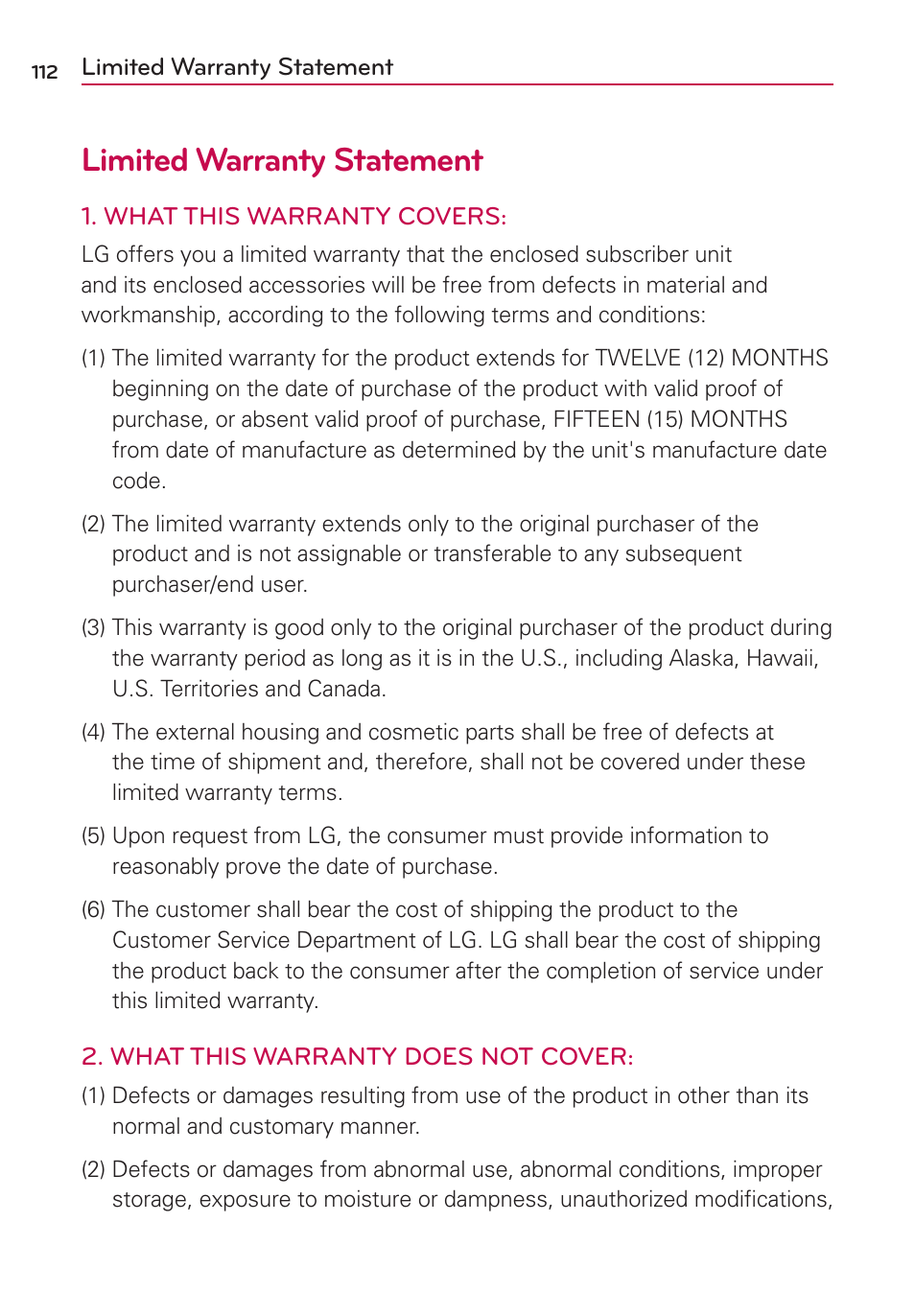 Limited warranty statement | LG US780 User Manual | Page 112 / 117