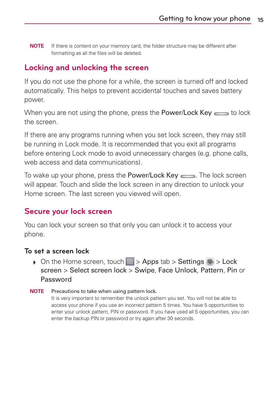 Locking and unlocking the screen, Secure your lock screen | LG US780 User Manual | Page 15 / 117