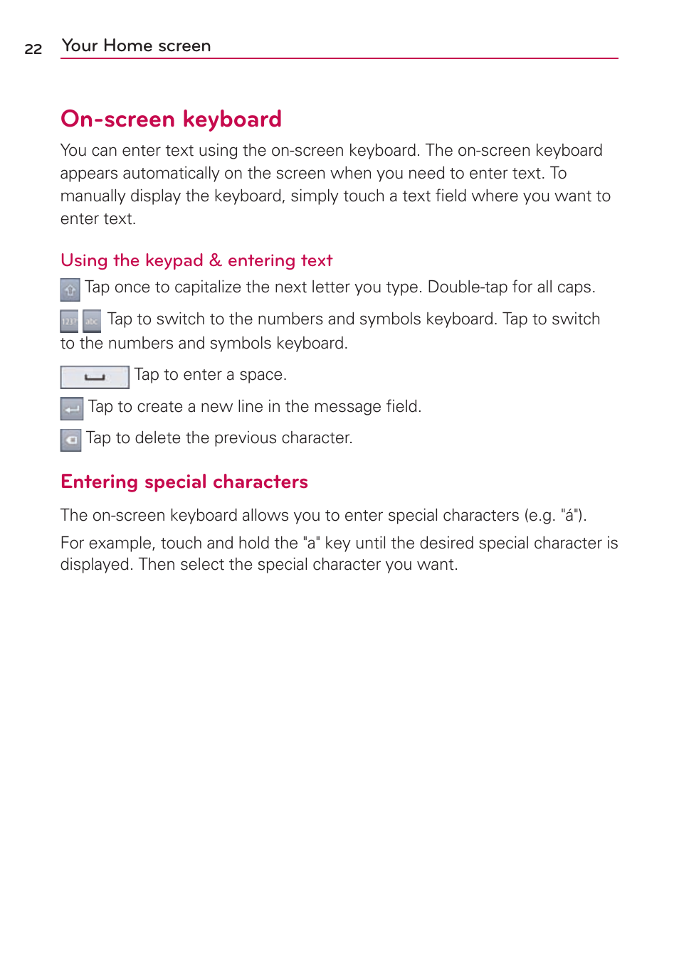 On-screen keyboard, Entering special characters | LG US780 User Manual | Page 22 / 117