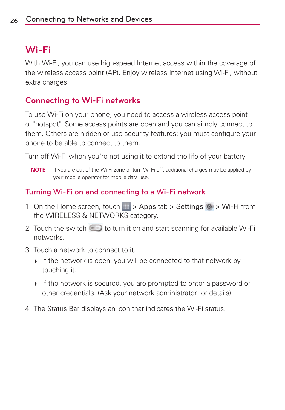 Connecting to networks and devices, Wi-fi, Connecting to wi-fi networks | LG US780 User Manual | Page 26 / 117