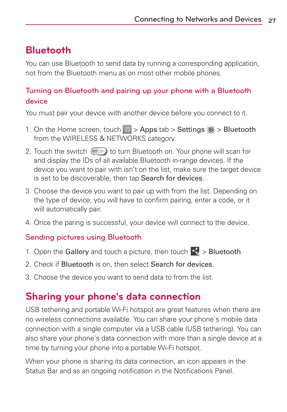 Bluetooth, Sharing your phone's data connection | LG US780 User Manual | Page 27 / 117